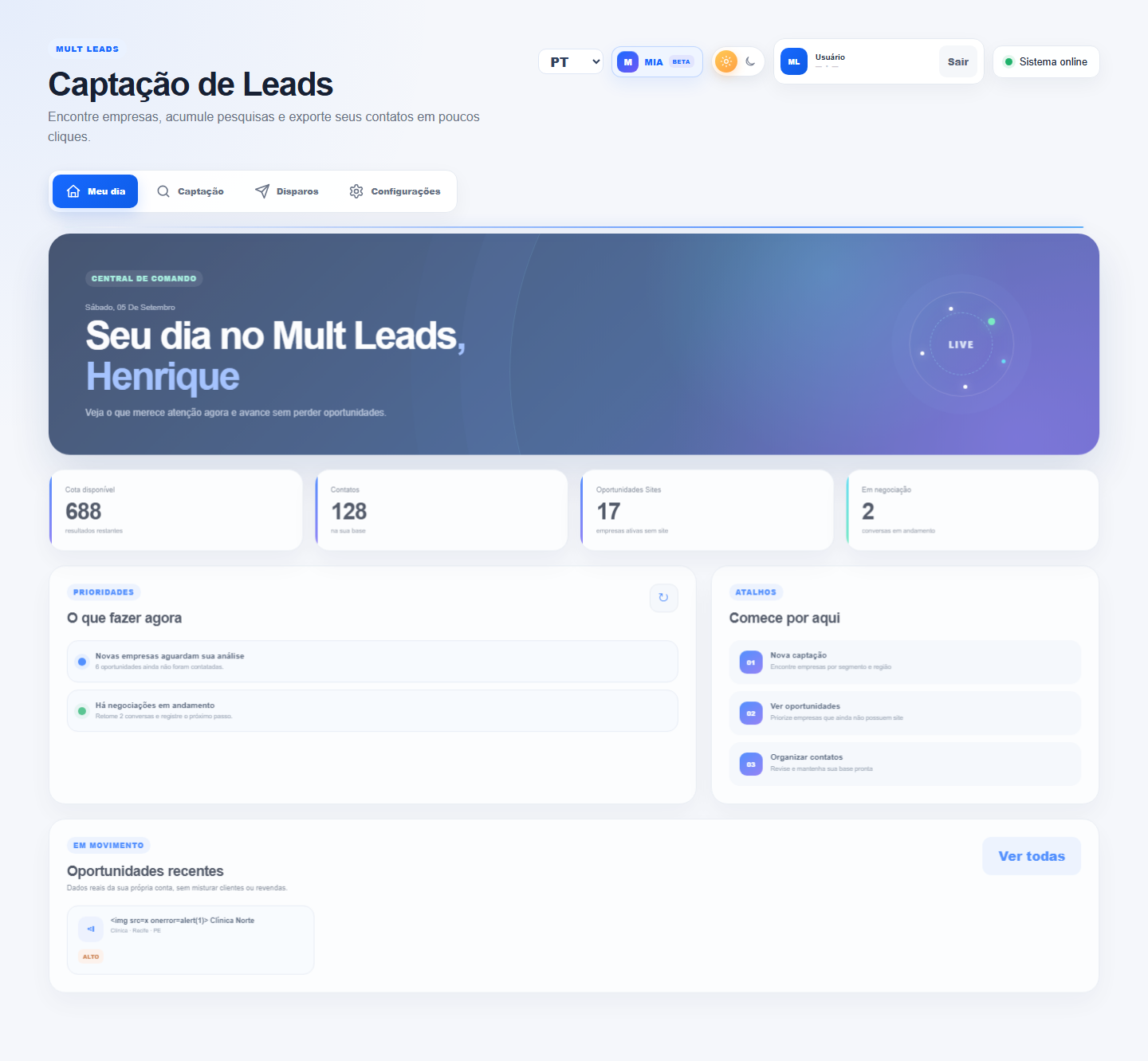 Tela do painel Mult Leads