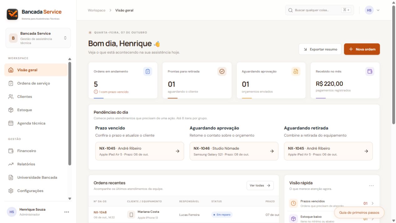 Painel de demonstração do Bancada Service